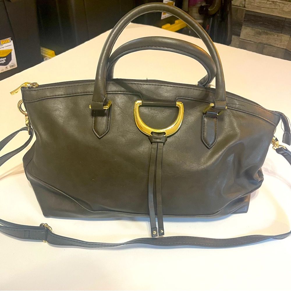 London Fog Bensen green satchel gold hardware crossbody shoulder bag EUC leather